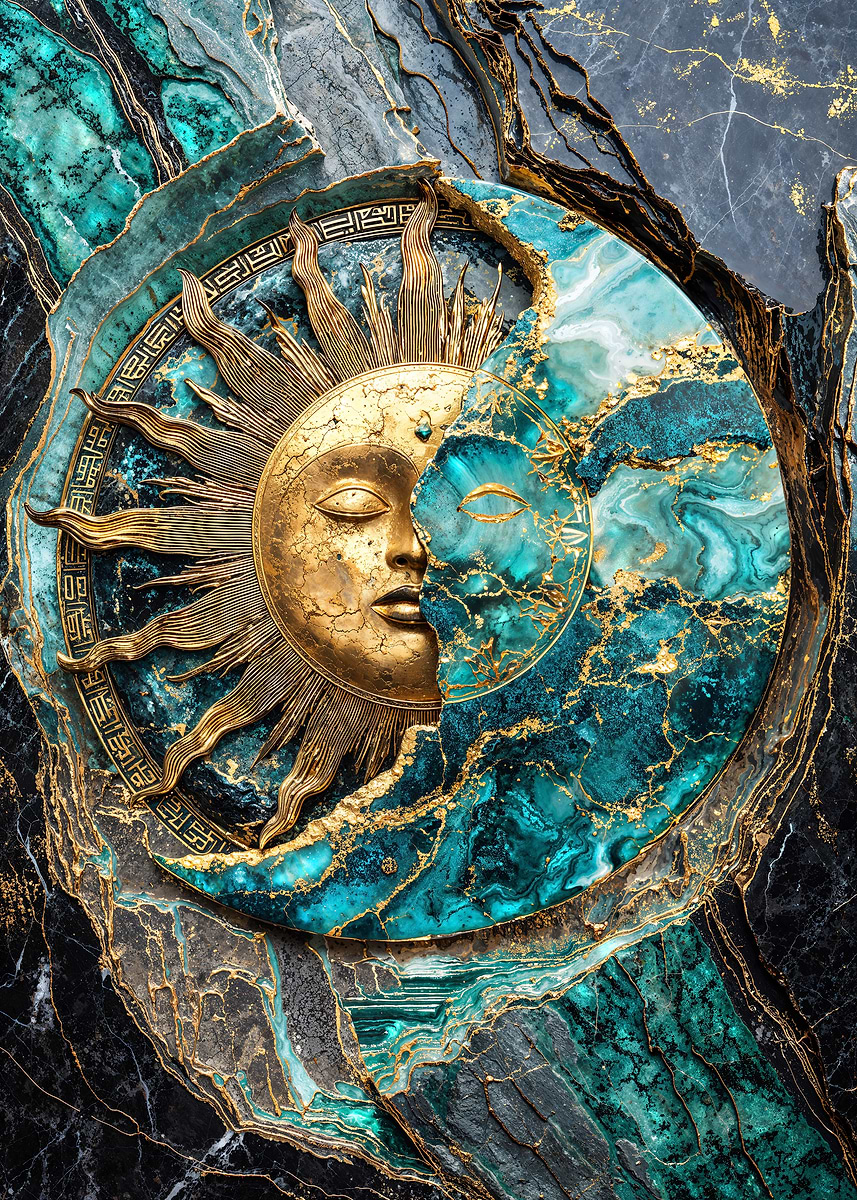 Golden Sun and Moon Kintsugi Art — from the Abstract Nature Kintsugi collection, a Pixaverse metal print