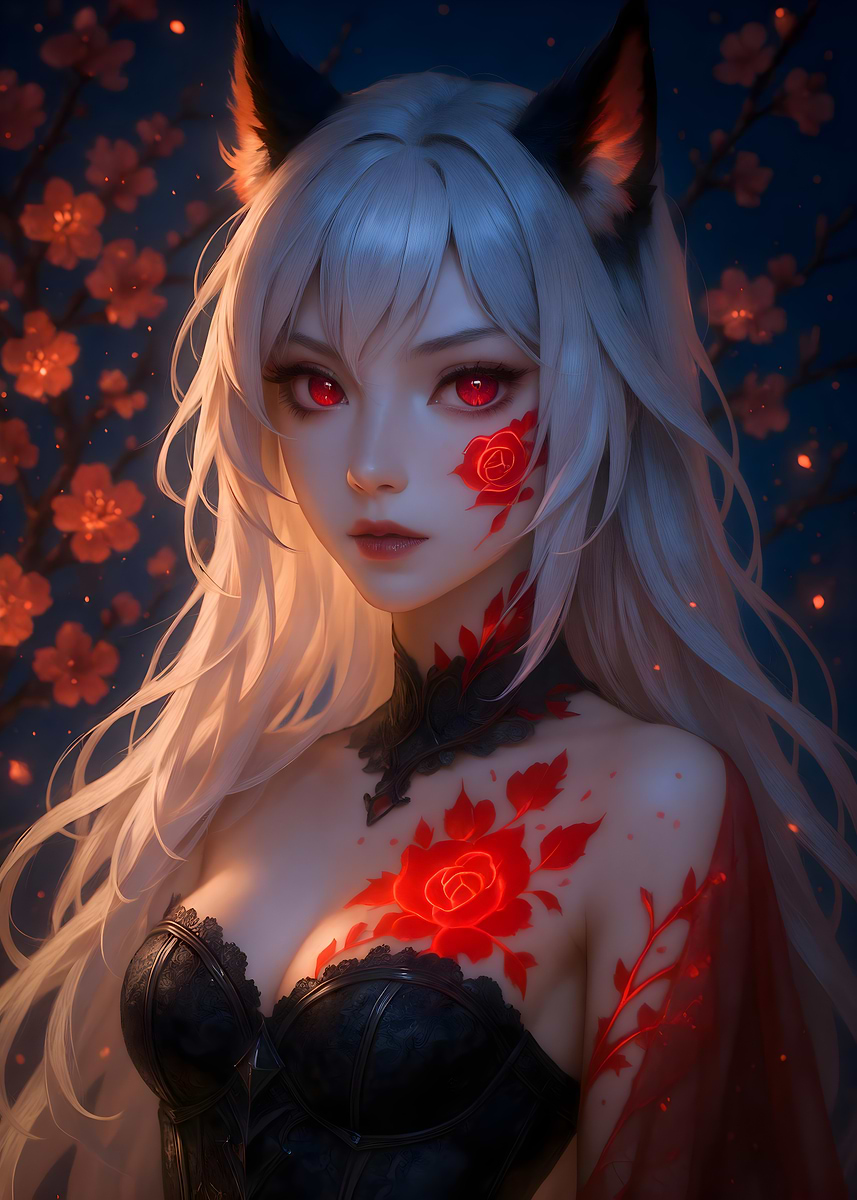 Cherry Blossom Fox Girl' Poster, picture, metal print, paint by