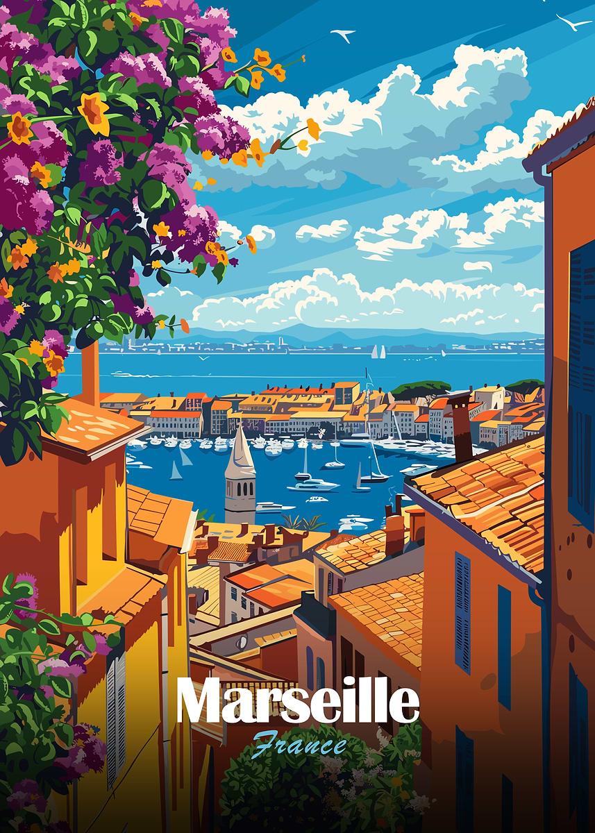 Marseille, France cityscape illustration Poster, Picture & Metal