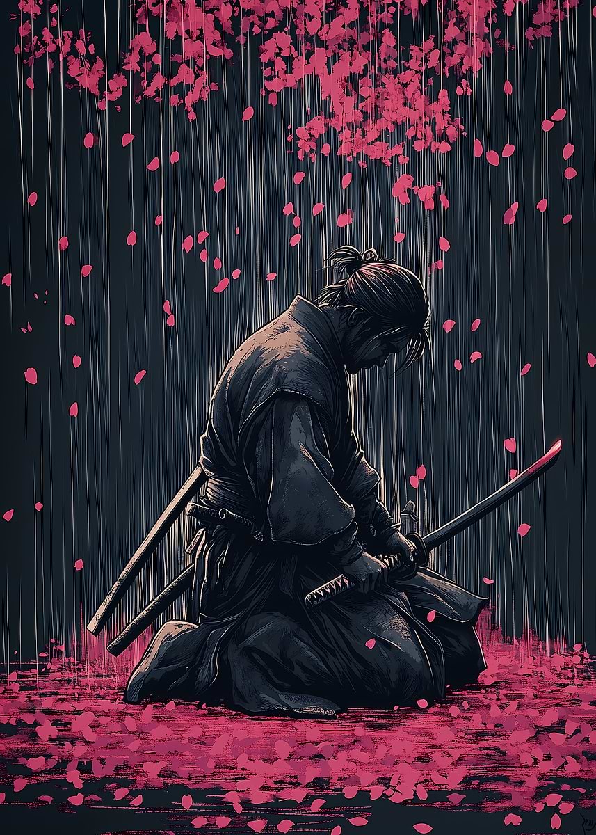 Samurai in Rain of Cherry Blossoms' Poster, picture, metal print