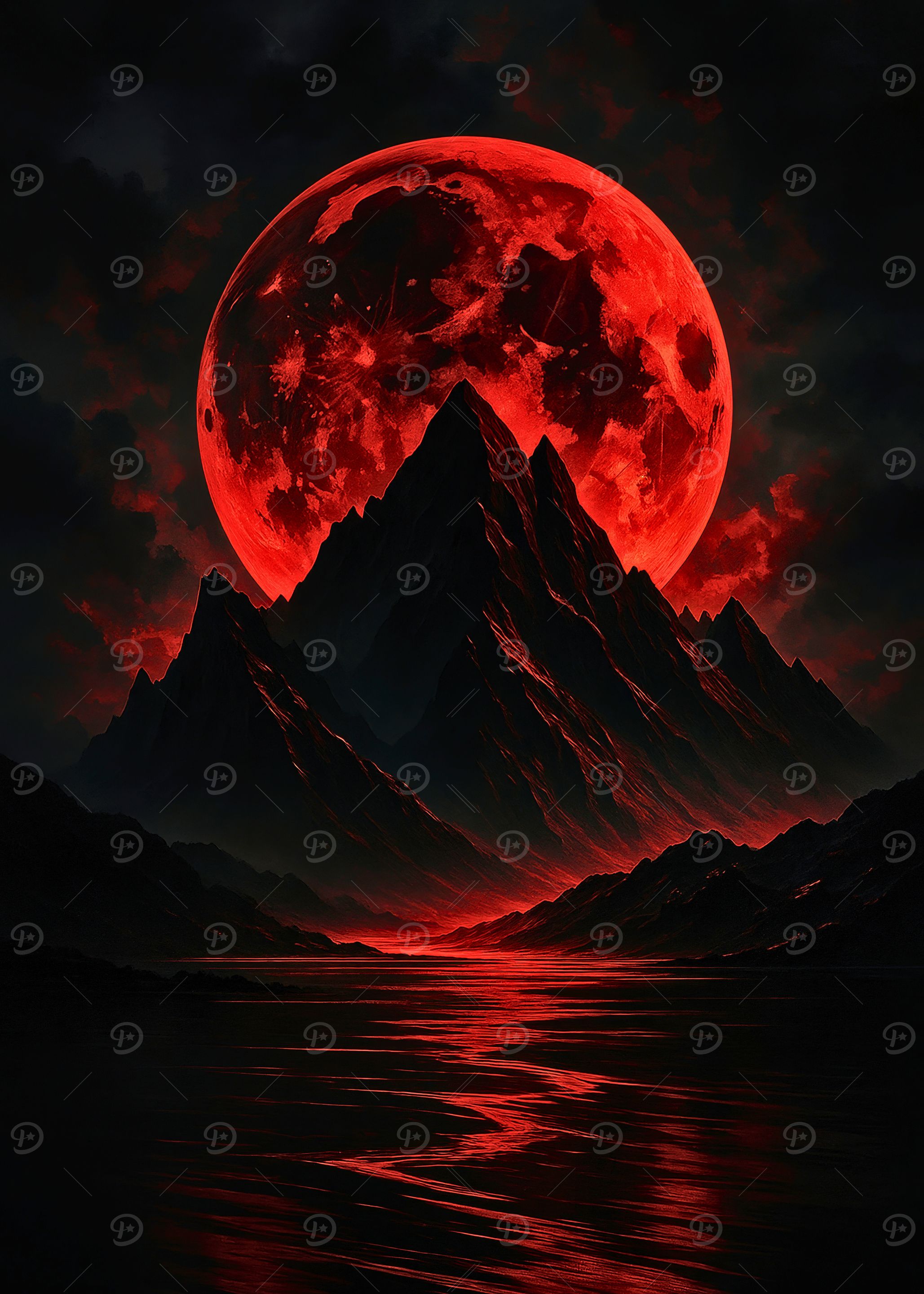 Blood Red Moon Rising Over Dark Mountain and Reflective Water