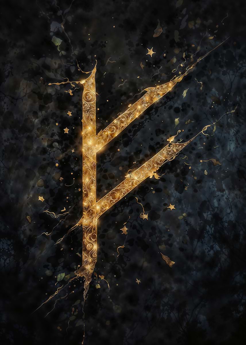 'Golden Rune Fehu on Dark Textured Background' Poster, picture, metal ...