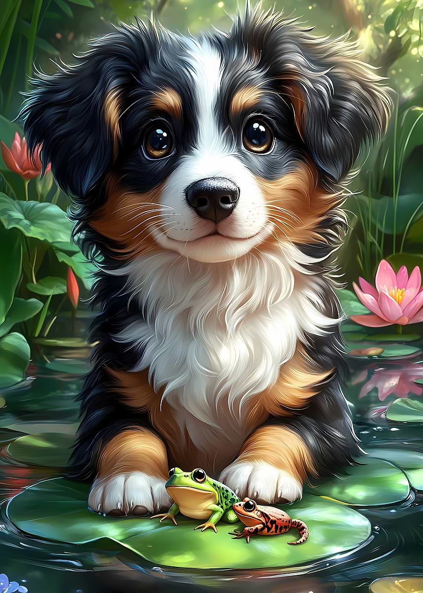 'Cute Puppy with Frogs in Pond' Poster, picture, metal print, paint by ...