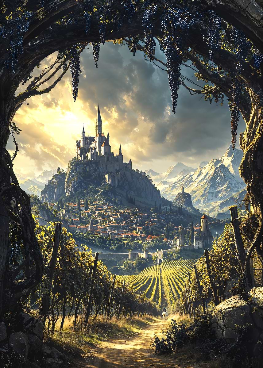 Dusk Over the Vine Throne — from the Forgotten Fantasy Realms collection, a Pixaverse metal print