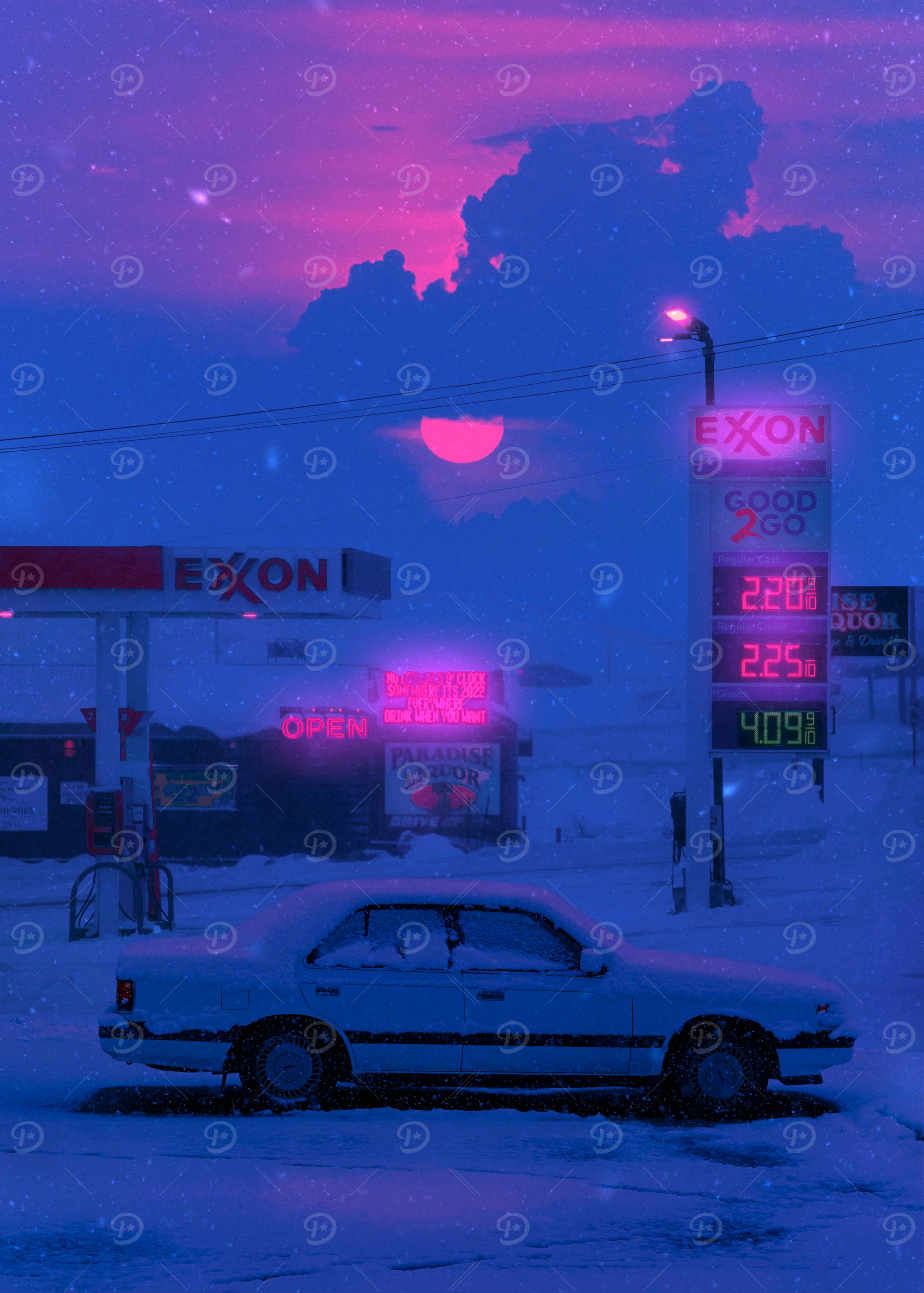 Snowy Exxon Gas Station at Night' Poster, picture, metal print