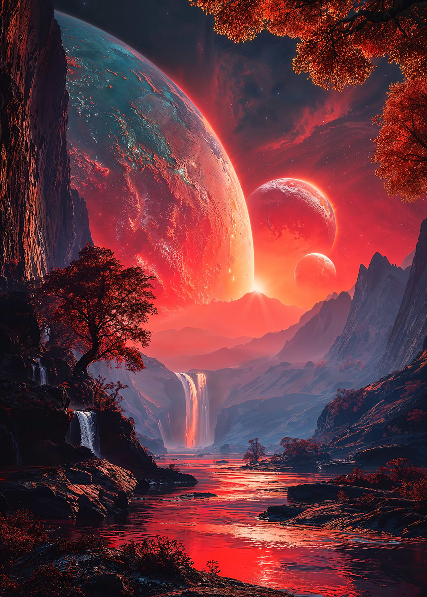 Crimson Convergence — from the Alien Worlds collection, a Pixaverse metal print