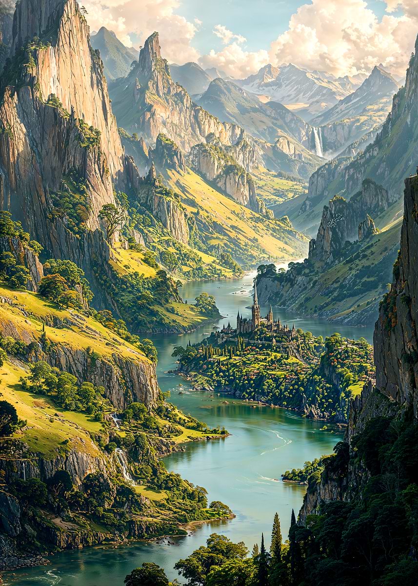 Vale of the River Sanctuary — from the Forgotten Fantasy Realms collection, a Pixaverse metal print