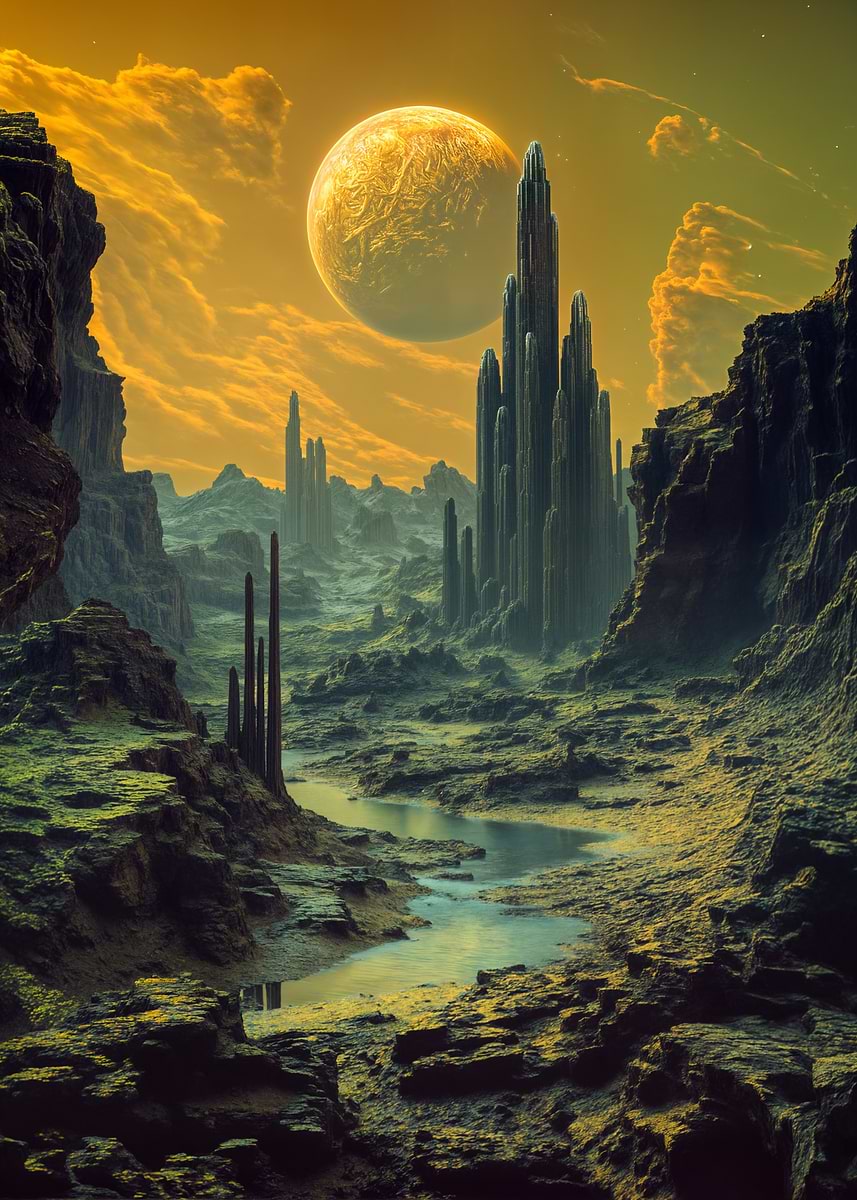 'Alien Landscape with Moon and Spires' Poster, picture, metal print ...