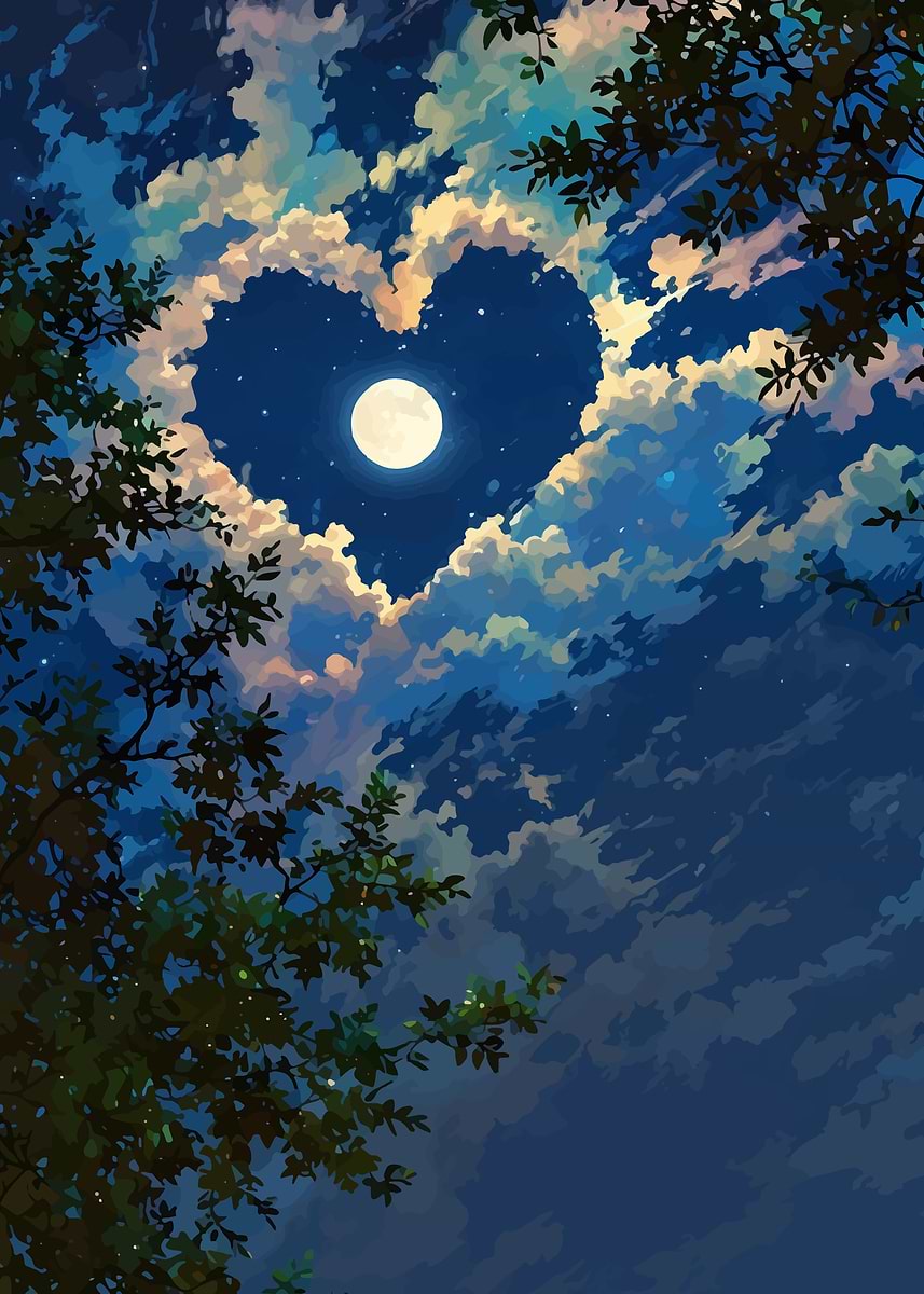 'Heart-Shaped Clouds and Moonlit Night' Poster, picture, metal print ...
