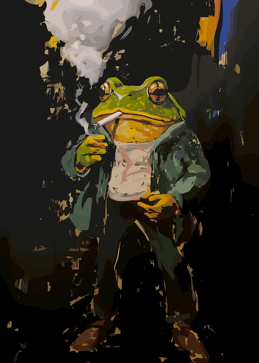 toad smoking a cigarette 'Cool Smoking Toad in Jacket' Poster, picture, metal print, paint by Omar  Kanan