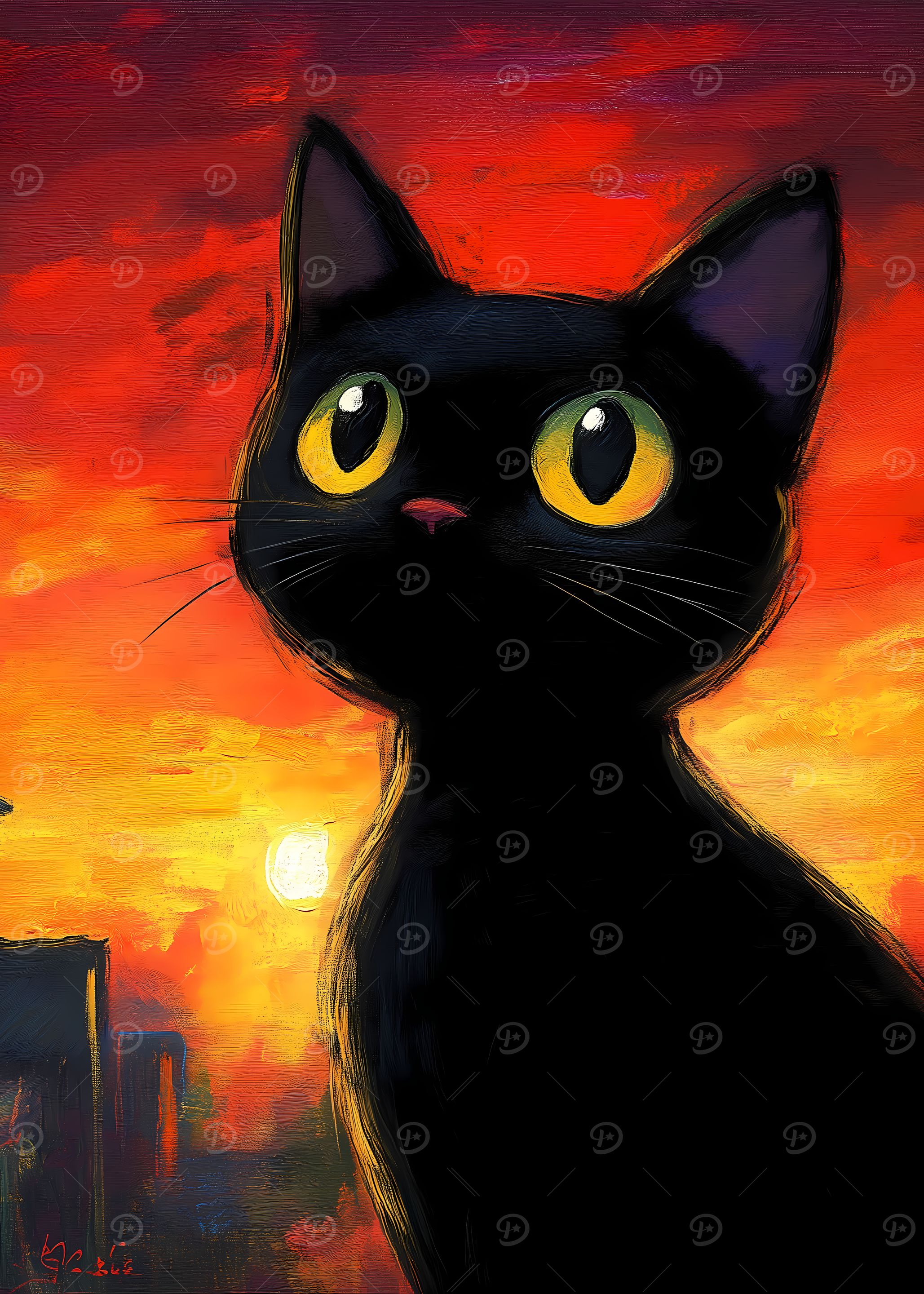 Black Cat Sunset Painting' Poster, picture, metal print, paint by