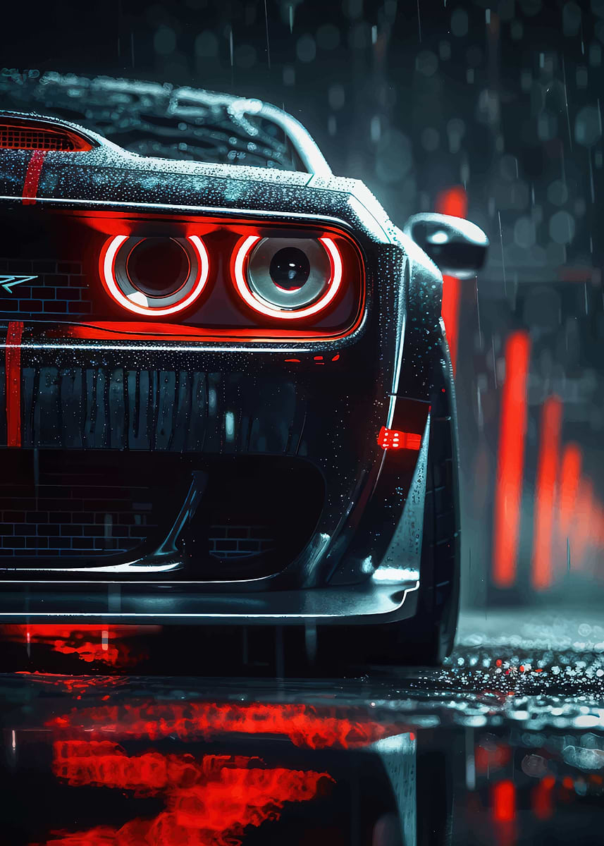 Dodge Challenger in the Rain' Poster, picture, metal print, paint