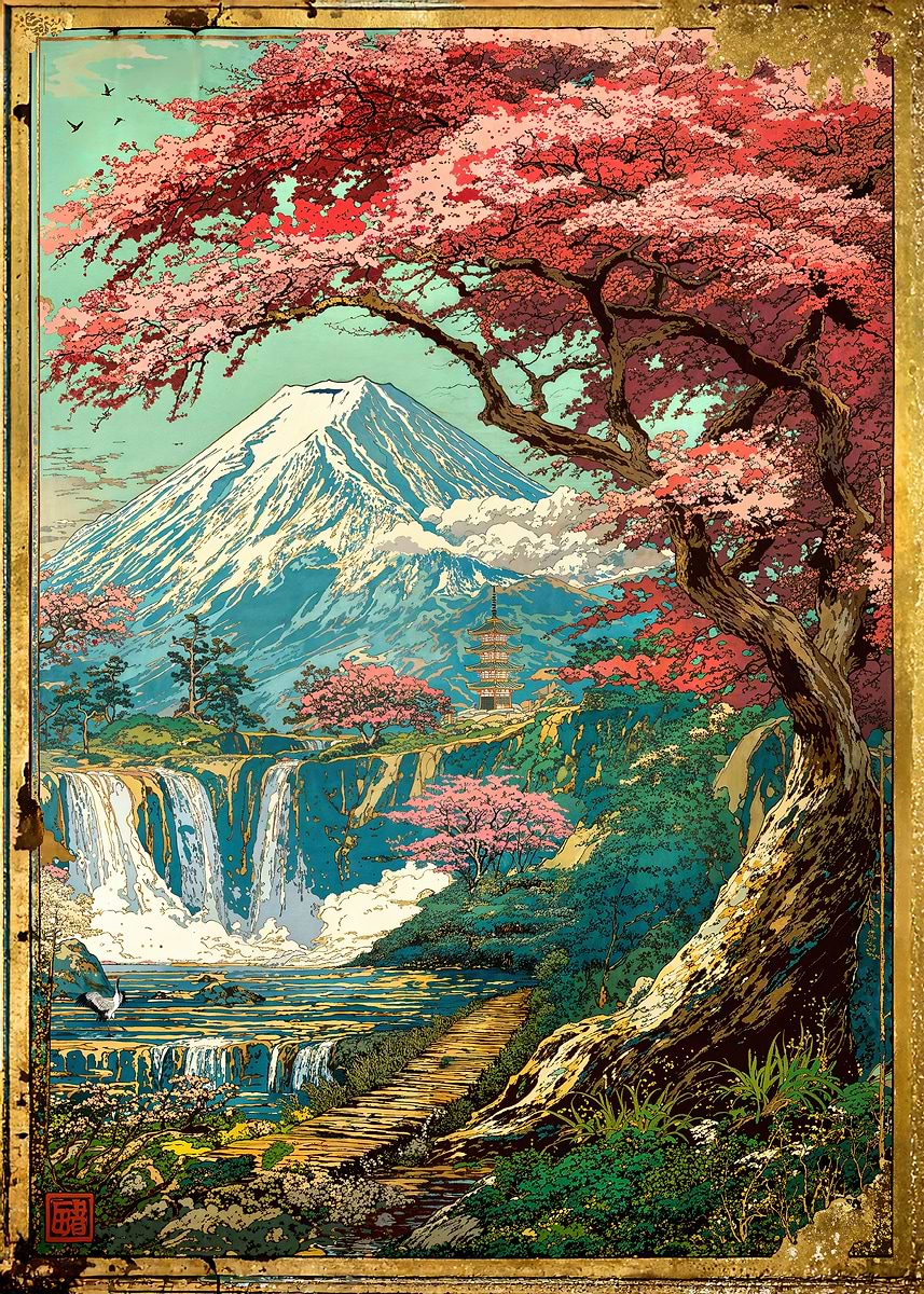 Horizon of the Fuji Sakura Shrine' Poster, picture, metal print