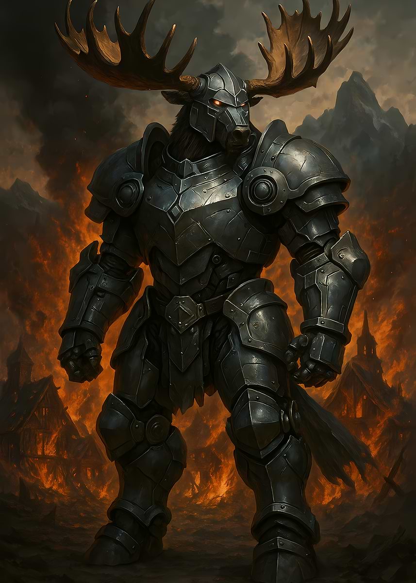 Mouseling Knight 'Moose Knight in Burning Landscape' Poster, picture, metal print, paint ...