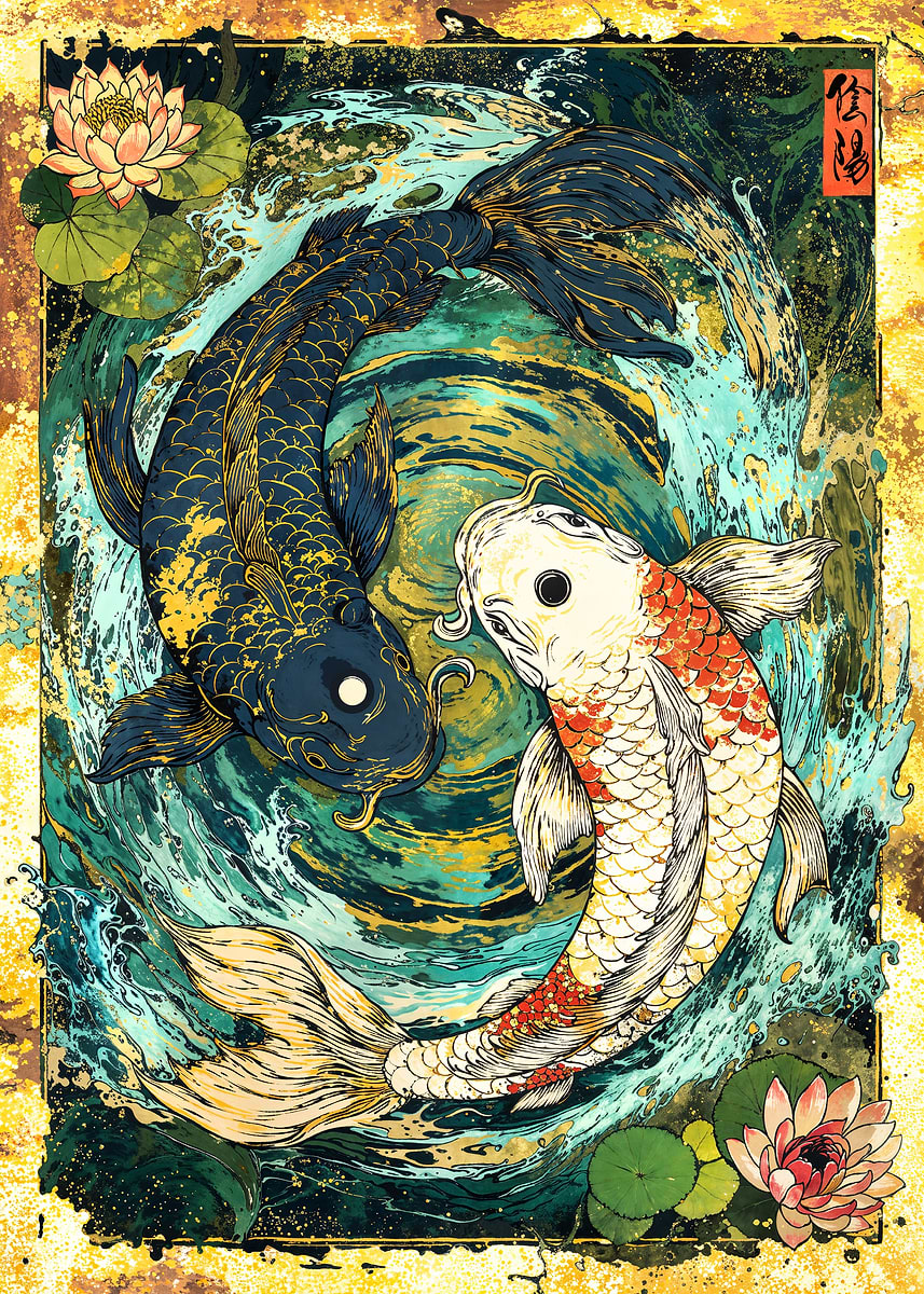 Koi Fish Yin Yang Harmony Art — from the Soul Of Japan collection, a Pixaverse metal print