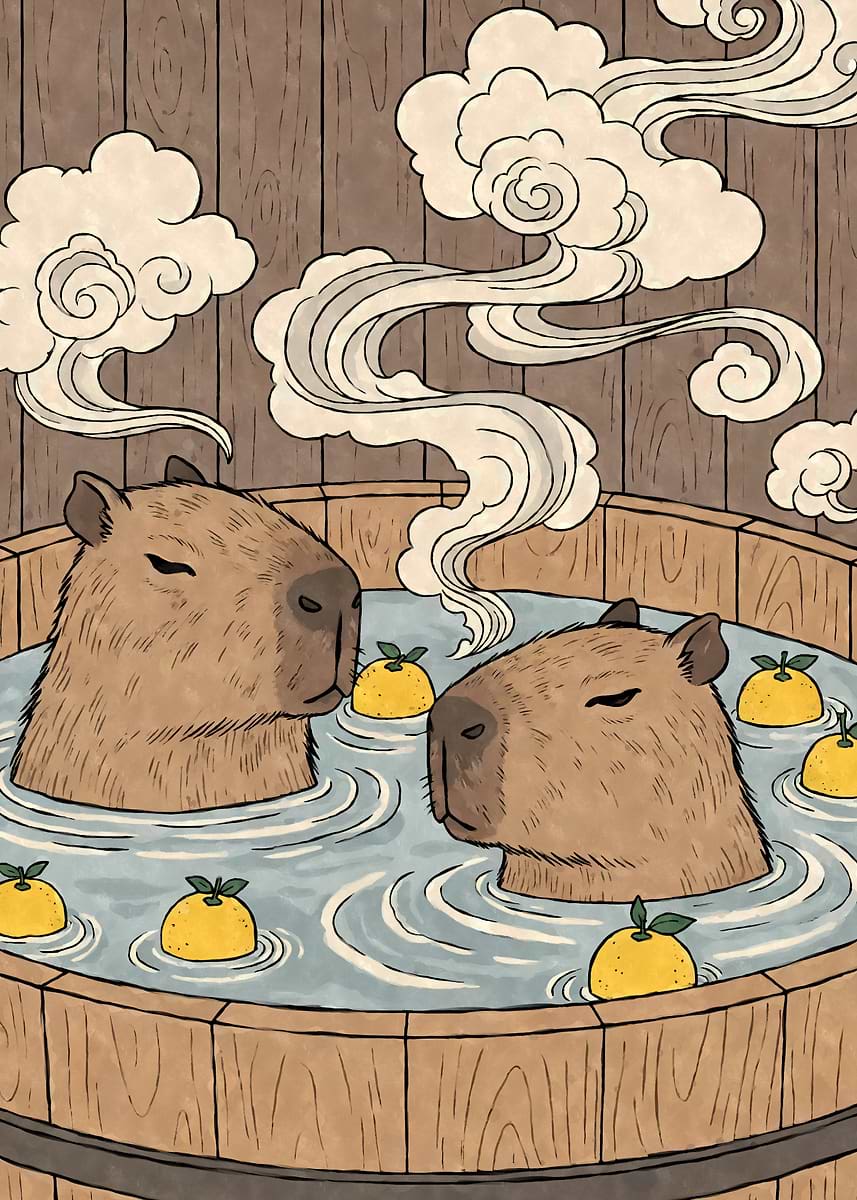 Capybaras in a Yuzu Bath' Poster, picture, metal print, paint by
