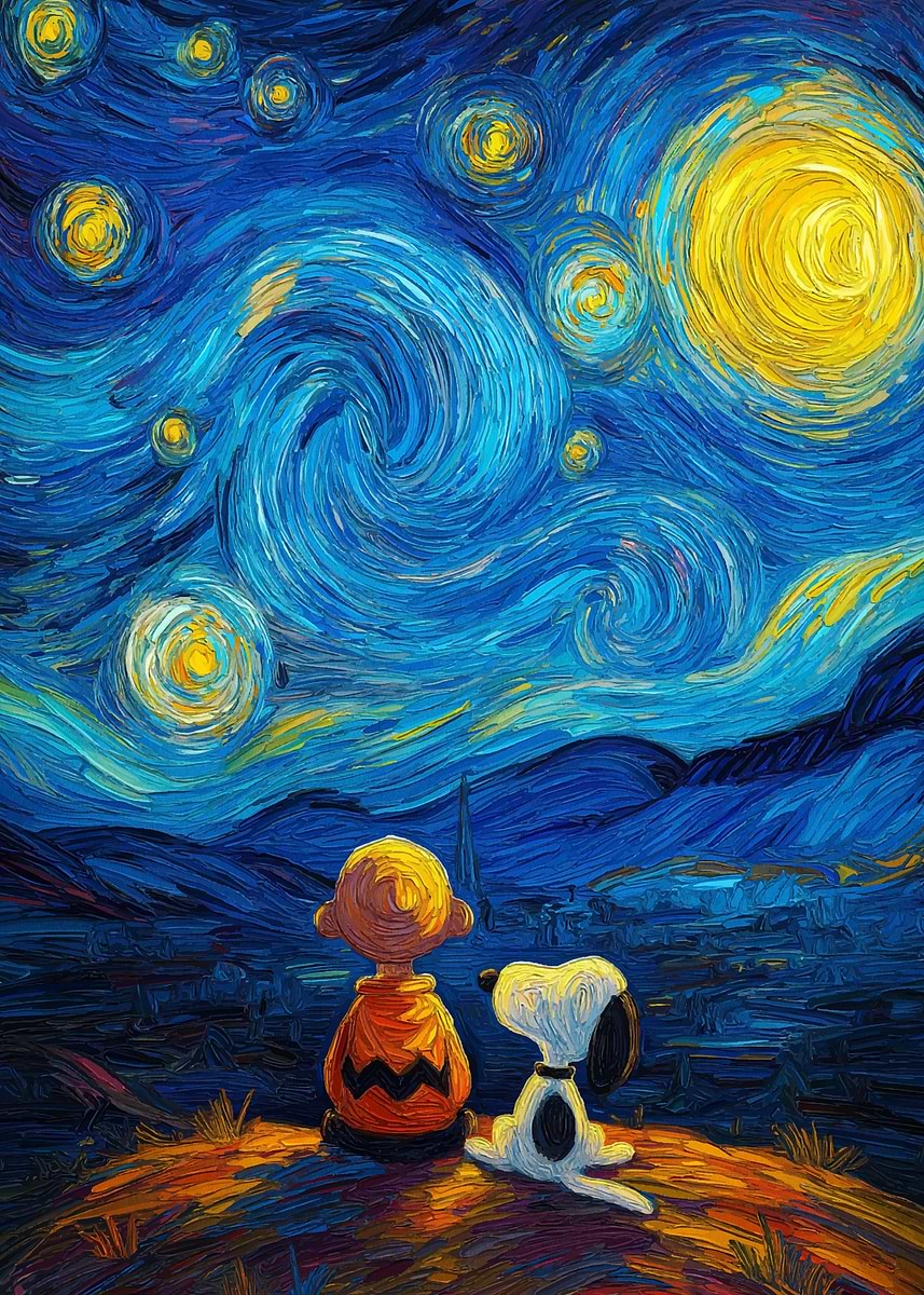 Snoopy and Charlie Brown Starry Night' Poster, picture, metal