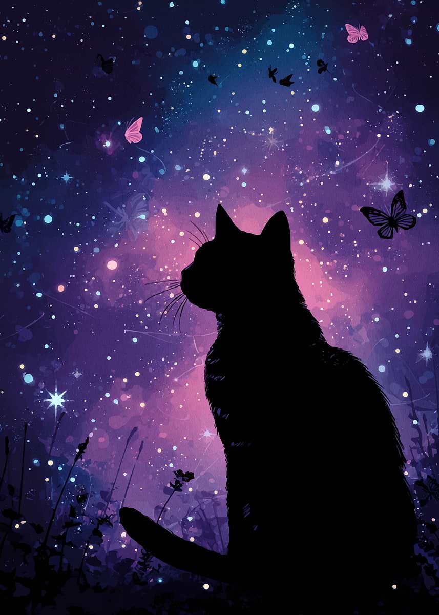 Black Cat Stargazing' Poster, picture, metal print, paint by Keeva