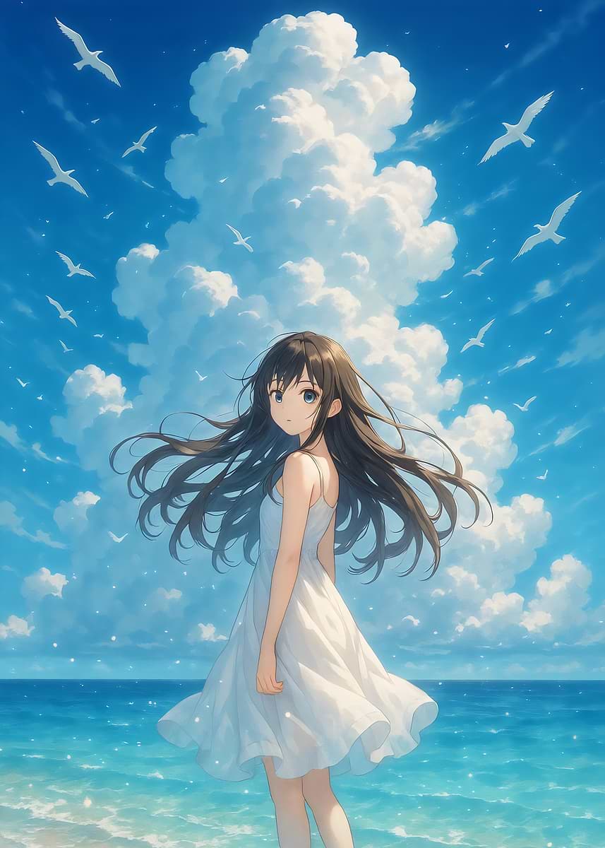 Anime Girl on Beach with Seagulls' Poster, picture, metal print, paint by  Reda | Displate