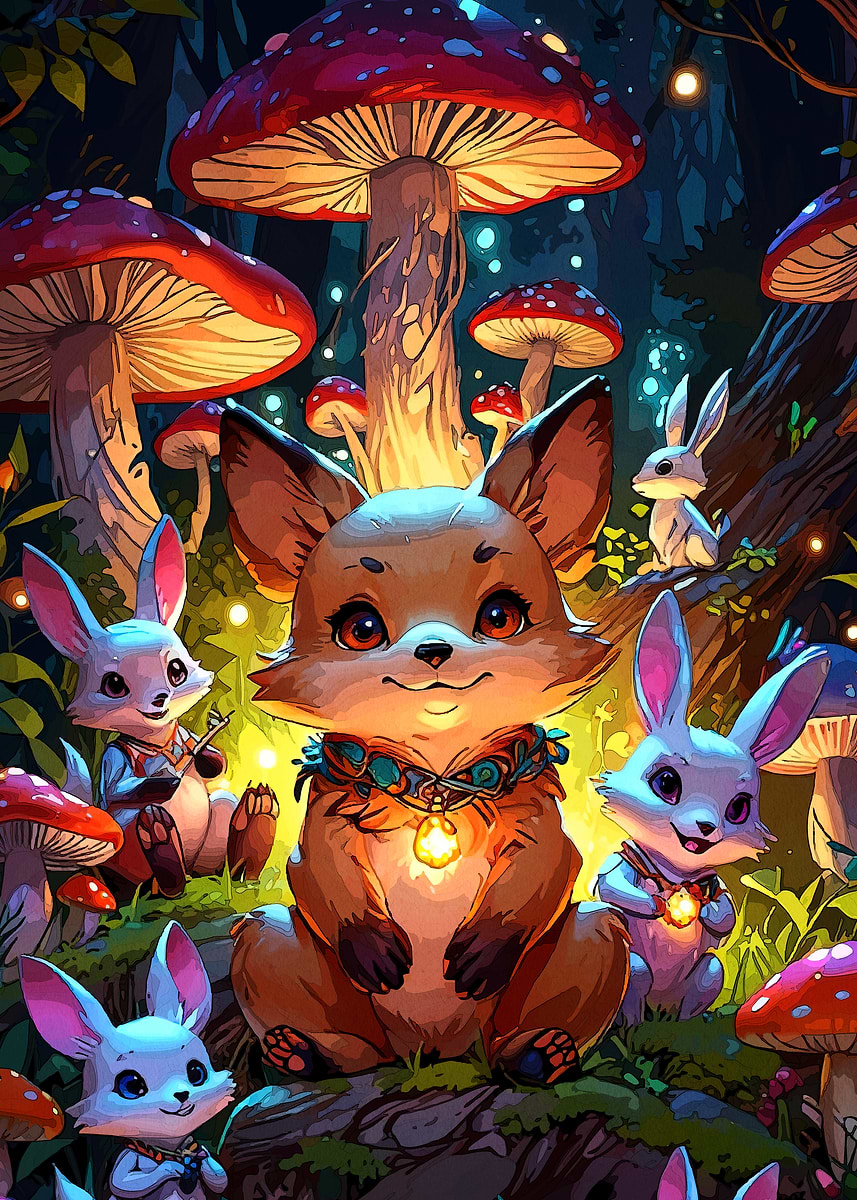 'Fox Rabbits Mushroom Forest' Poster, picture, metal print, paint by ...