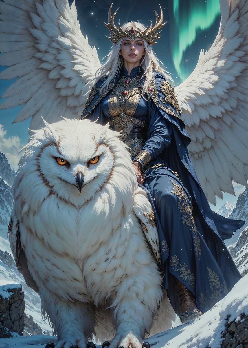 Owl Riding Tortoise 'Winged woman riding a giant owl' Poster, picture, metal print, paint ...