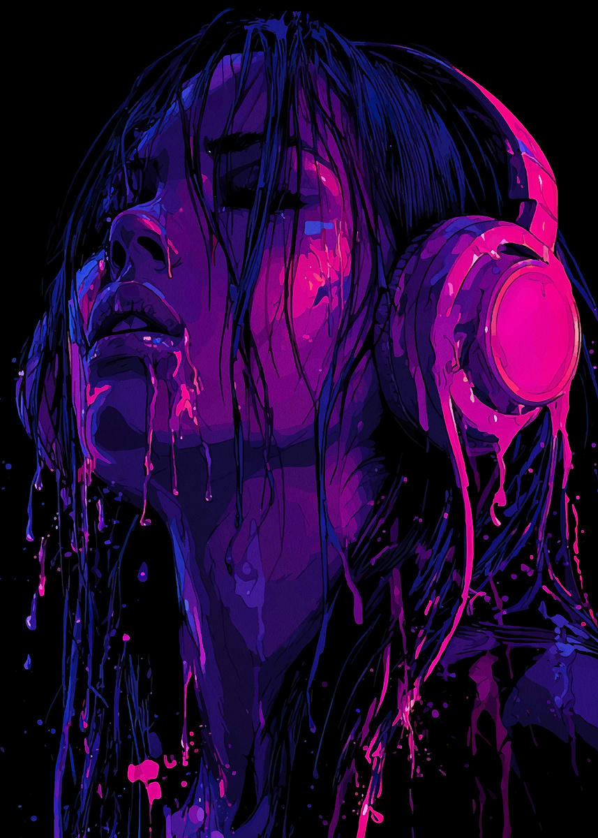 Woman with Headphones in Neon Colors' Poster, picture, metal print