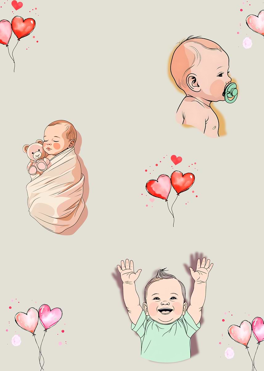 'Cute Babies and Hearts Pattern' Poster, picture, metal print, paint by ...