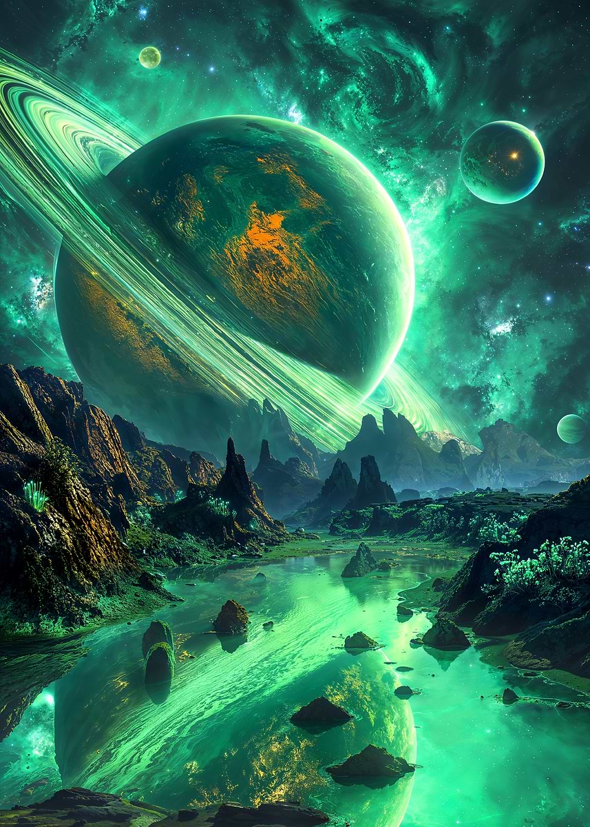 Verdant Ring Serenade — from the Alien Worlds collection, a Pixaverse metal print