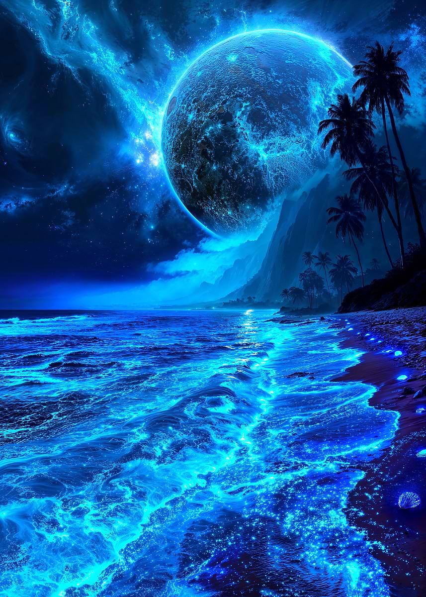 Bioluminescent Xeno Shore — from the Alien Worlds collection, a Pixaverse metal print