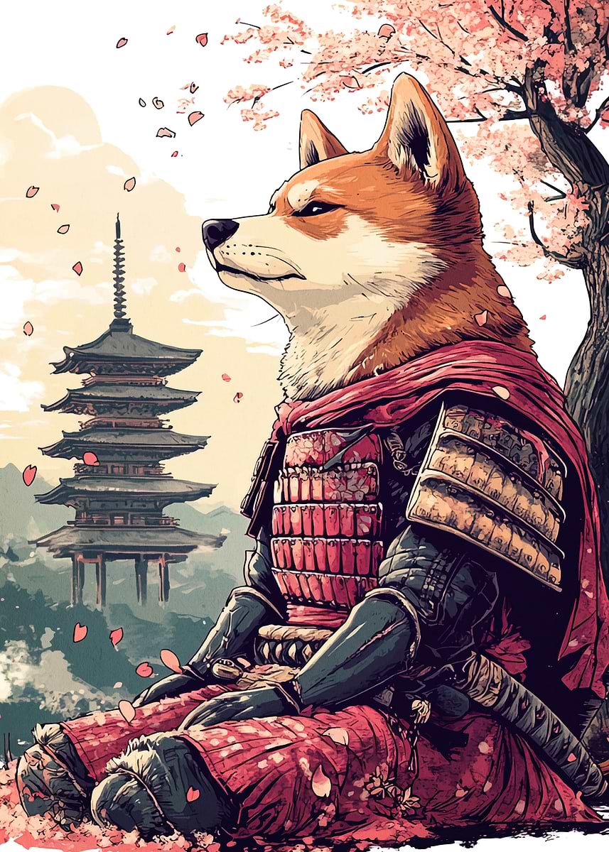 shiba様 Samurai Shiba Inu with Cherry Blossoms' Poster, picture, metal
