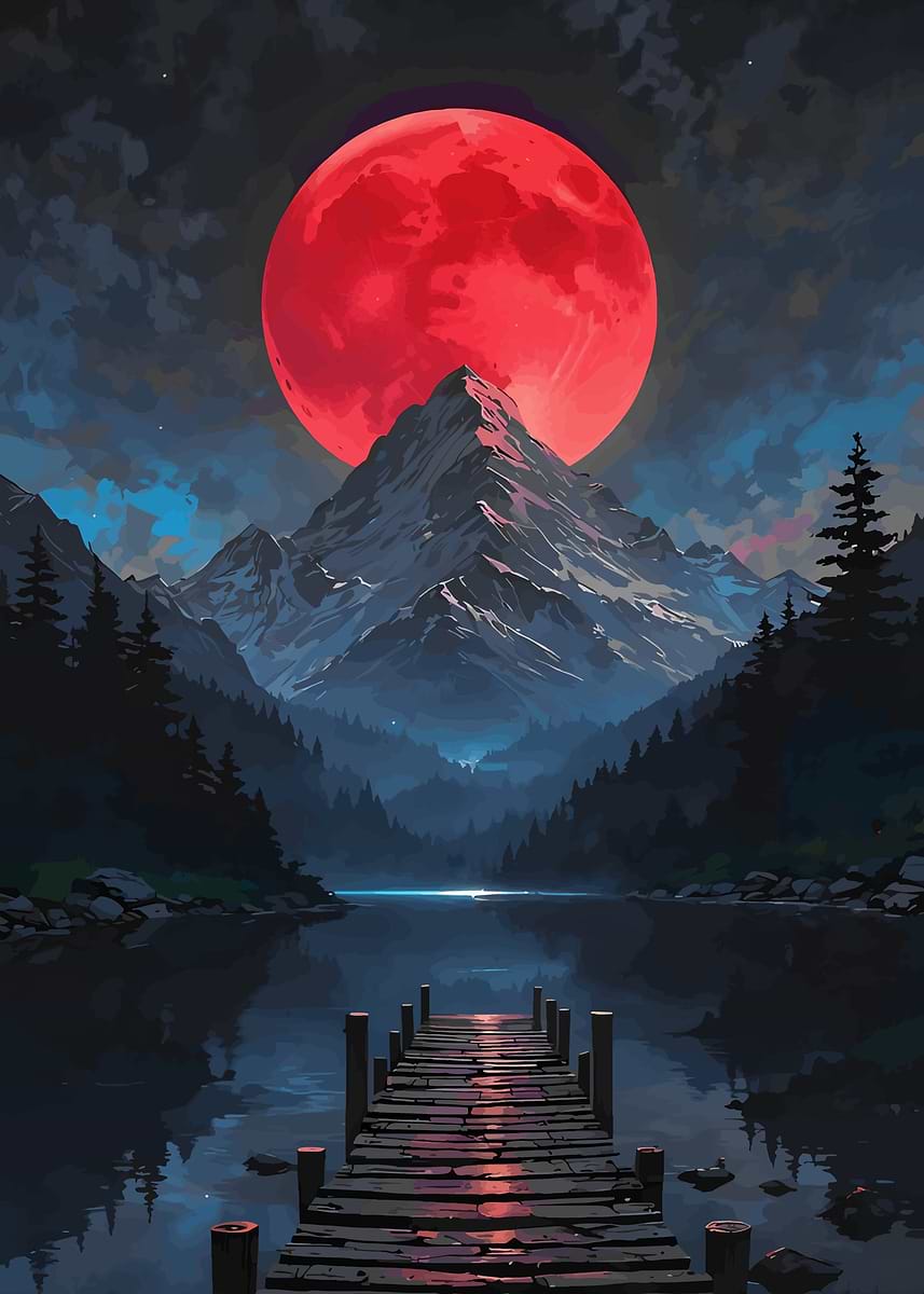 Red Moon Over Mountain Lake' Poster, picture, metal print, paint