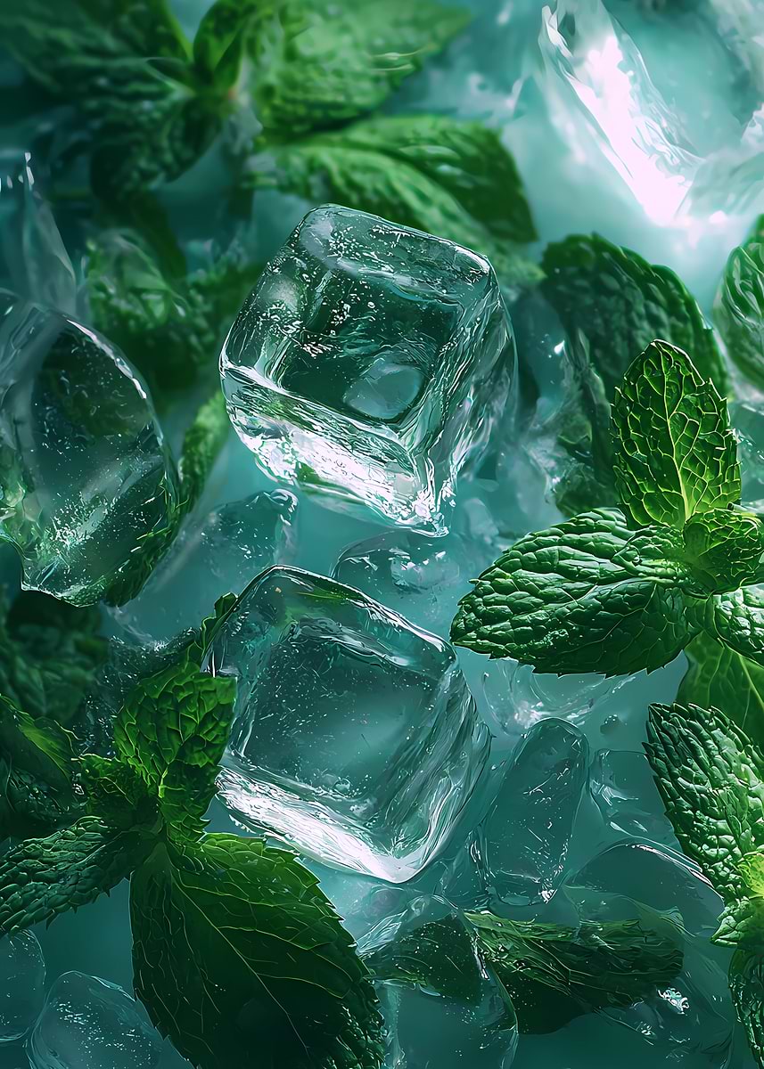 'Ice Cubes and Mint Leaves' Poster, picture, metal print, paint by ...