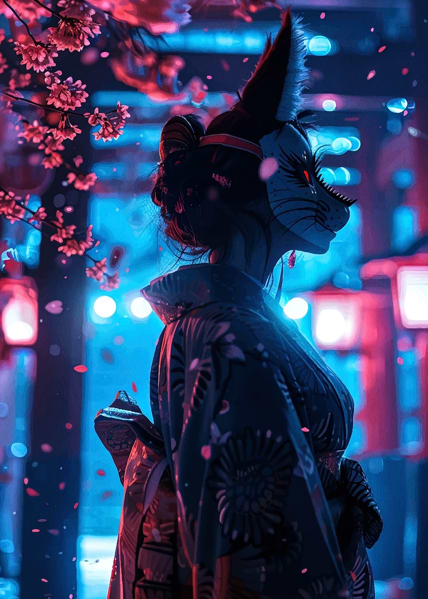 Fox Masked Woman in Kimono' Poster, picture, metal print, paint by
