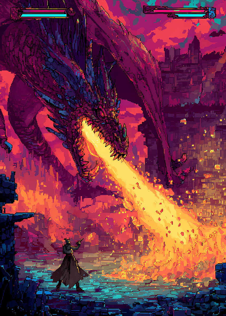 'Pixel Art Dragon Battle – Retro Video Game Style Fantasy Scene' Poster ...