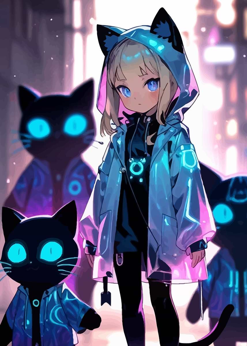 Anime Girl with Cats in Cityscape' Poster, picture, metal print