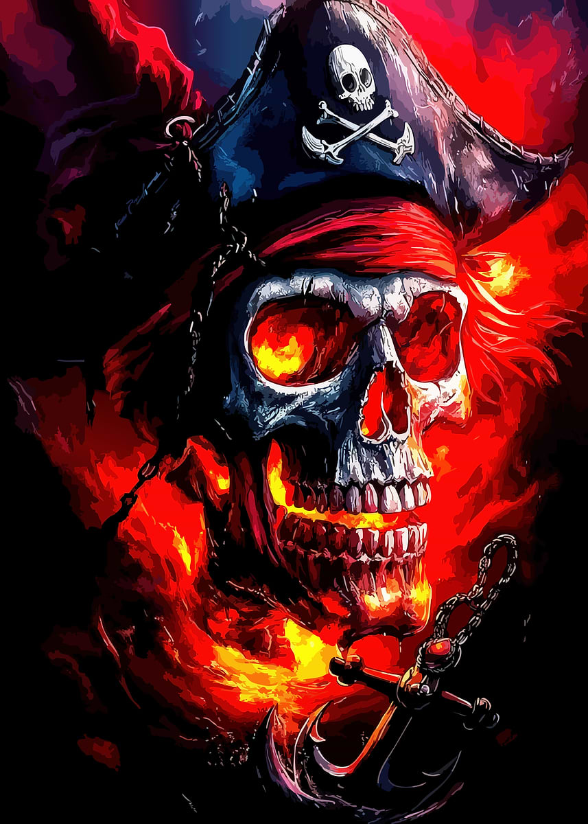 Fiery Pirate Skull with Anchor' Poster, picture, metal print