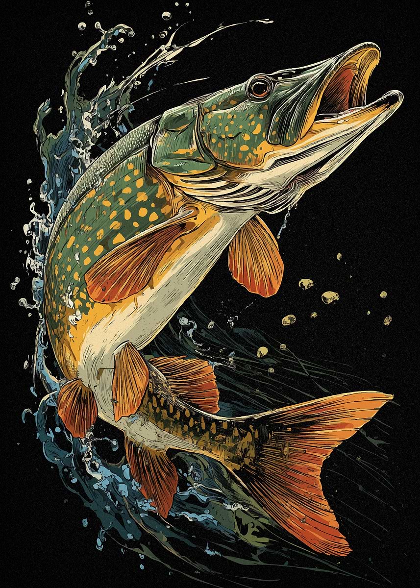 Leaping Pike Fish ' Poster, picture, metal print, paint by Caiden