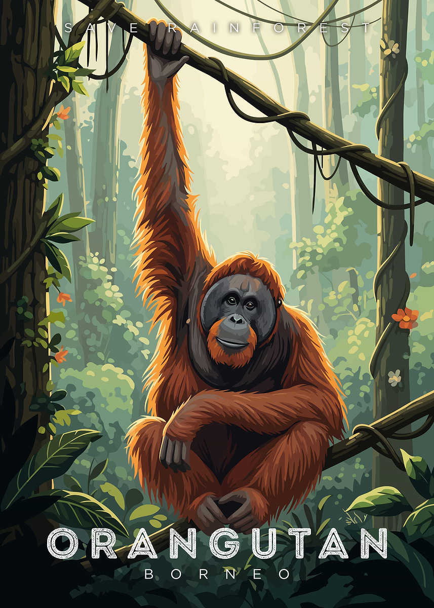 Orangutan in Borneo Rainforest Illustration' Poster, picture