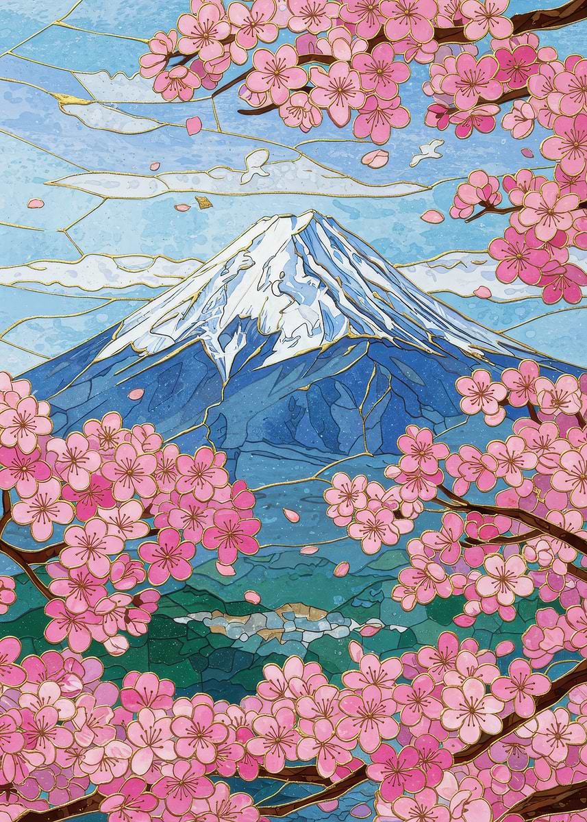 Mount Fuji and Cherry Blossoms Art' Poster, picture, metal print