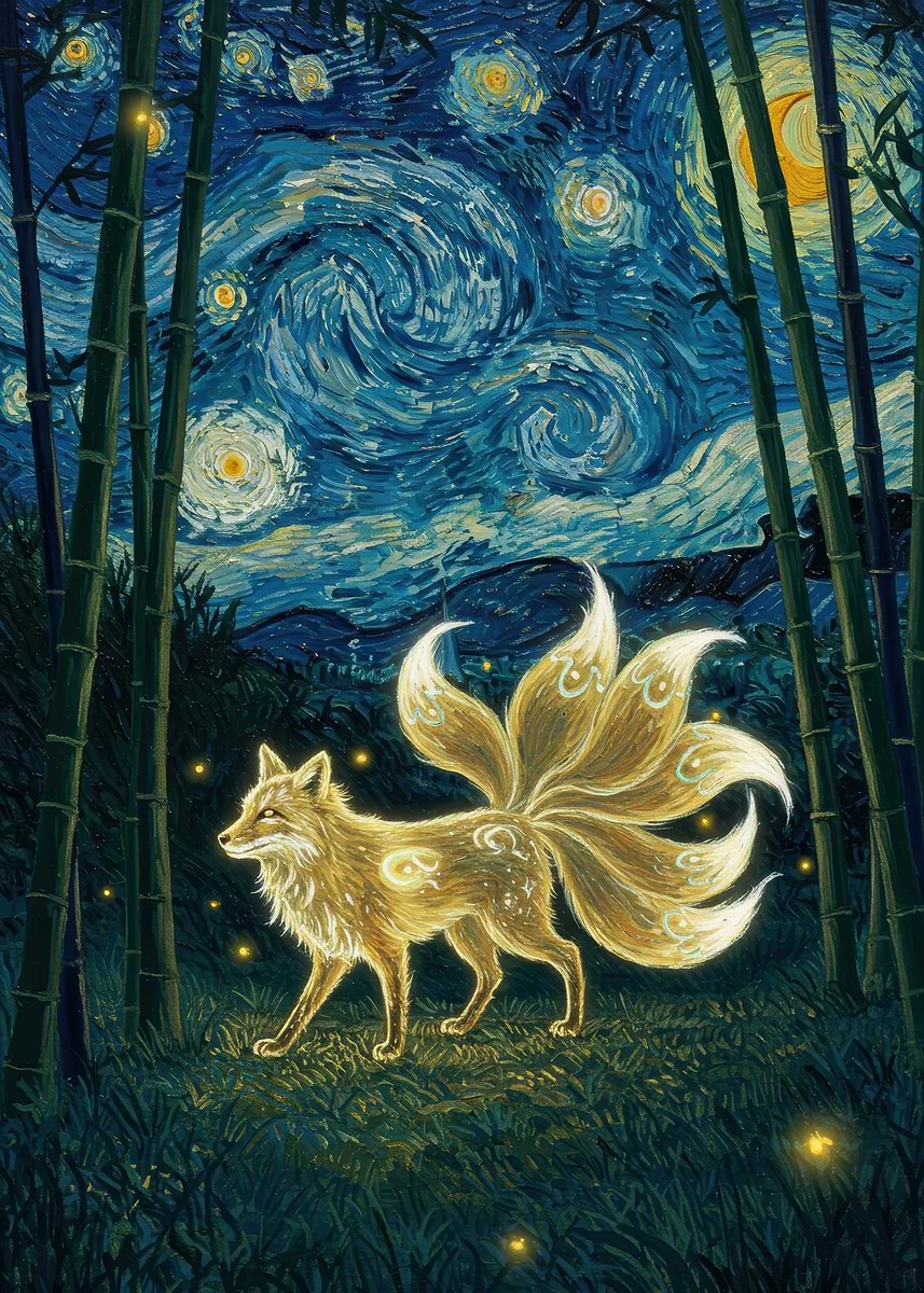 Nine-tailed Fox in Starry Night' Poster, picture, metal print