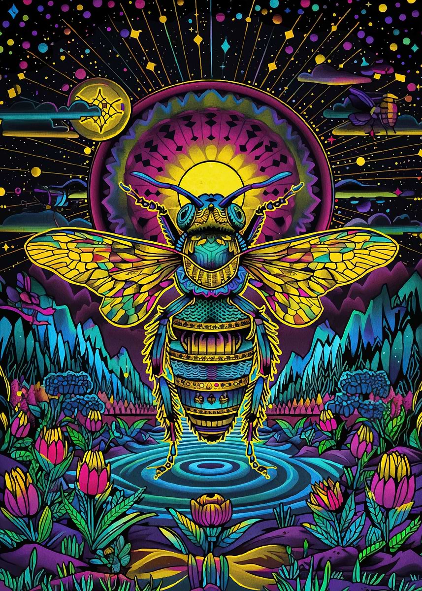 Psychedelic Bee Floral Landscape' Poster, picture, metal print