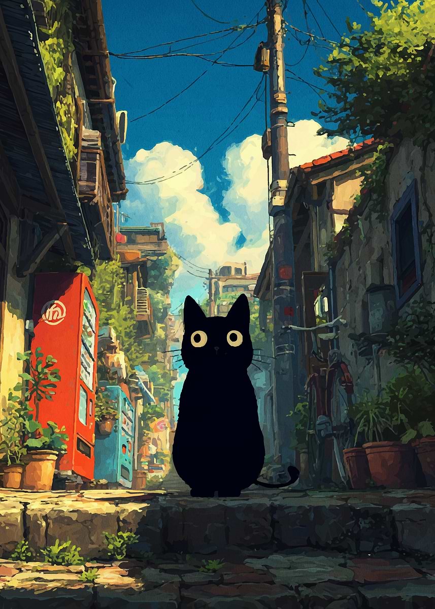 Black Cat in Alleyway' Poster, picture, metal print, paint by