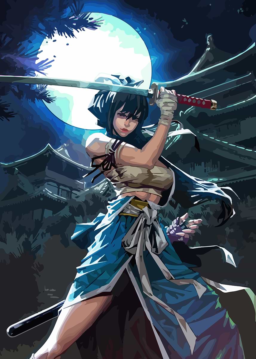 Female Samurai Warrior Under Moonlight' Poster, picture, metal