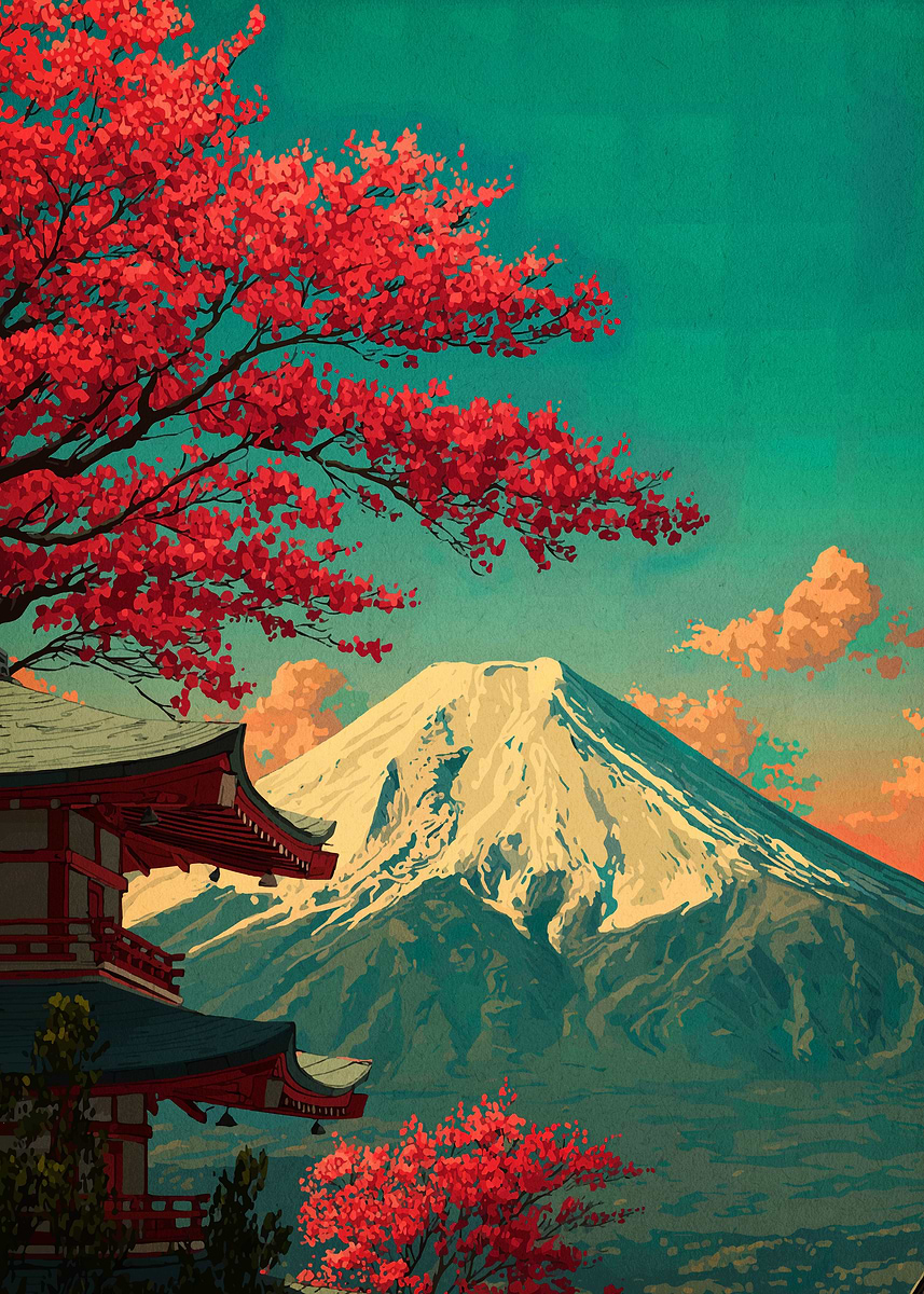 Mount Fuji with Cherry Blossoms' Poster, picture, metal print