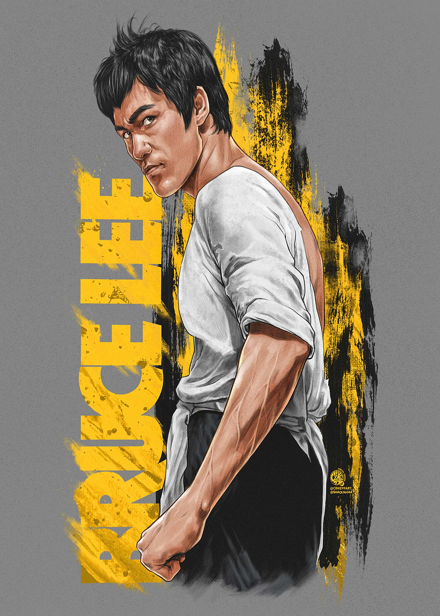 Bruce Lee Portrait with Yellow Accents' Poster, picture, metal