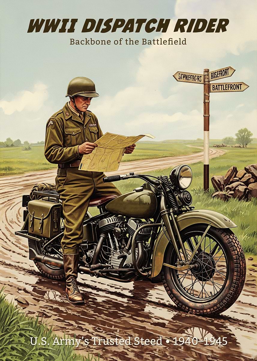 'WWII Dispatch Rider WLA Classic Motorcycle Art' Poster, picture, metal ...