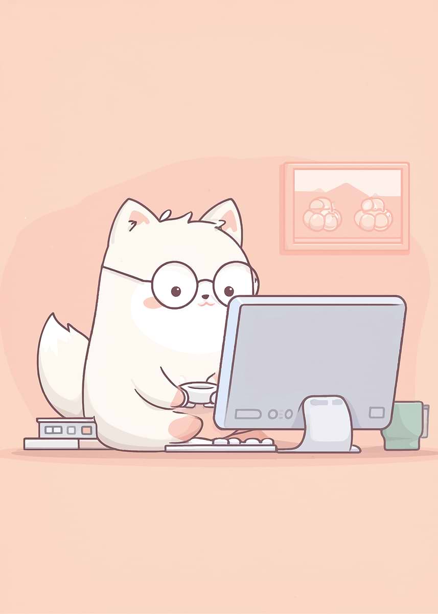'Cute Cat Working on Computer' Poster, picture, metal print, paint by ...