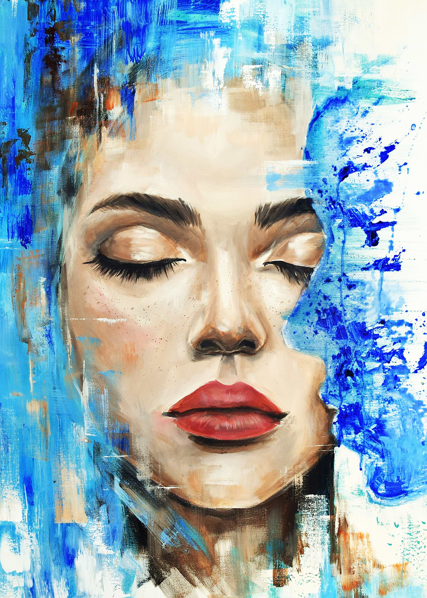 Woman's Portrait in Blue Hues' Poster, picture, metal print, paint