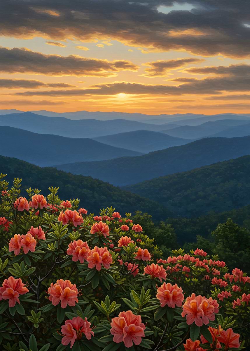 'Mountain Sunset with Blooming Azaleas' Poster, picture, metal print ...