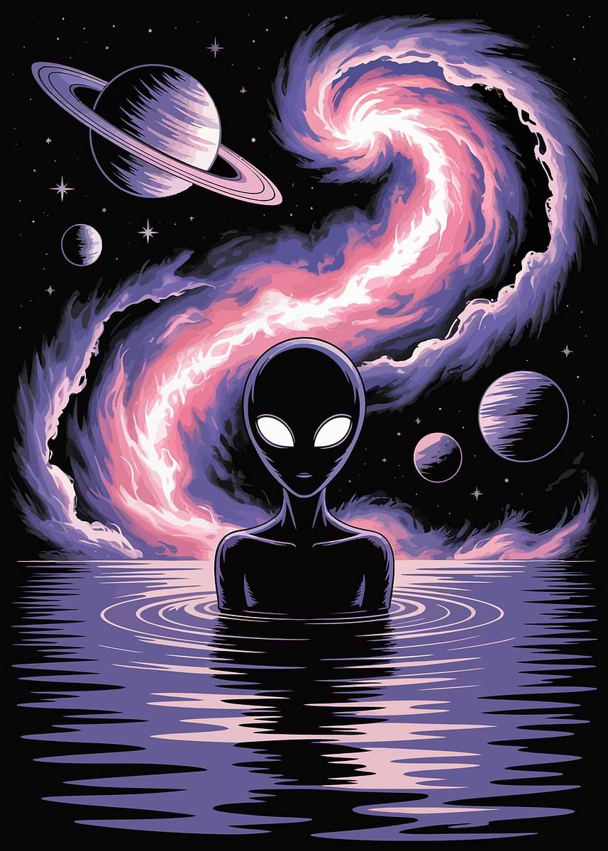Alien in Water with Space Background' Poster, picture, metal print